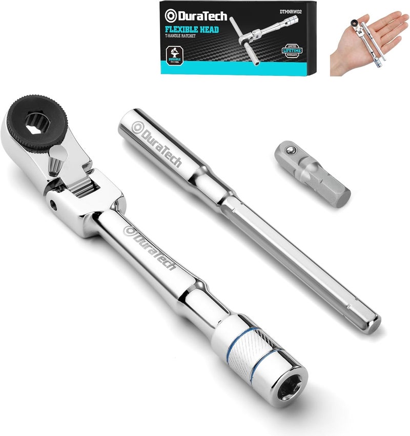 DURATECH 1/4" Flex Head T-Handle Ratchet, Mini Ratchet Wrench with Hex Bit Extension Set and Sokcet Adapter, Suits Standard 1/4" Hex Bits, Portable and Versatile Repair Tool for Tight Spaces - Image 1